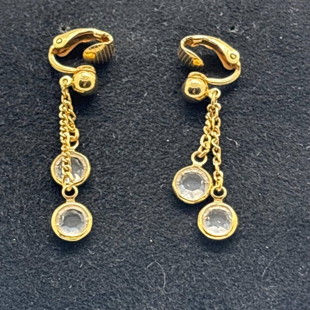Avon Vintage Earrings Gold Tone Crystal Multi Chain Drop Bezel Set Clip On 1979